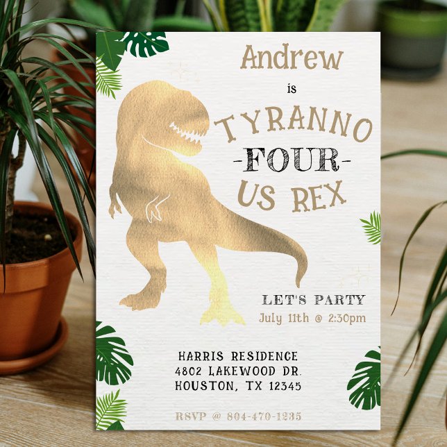 Invitación Dinosaurio 4.º Fiesta de cumpleaños Tirano de Oro  (Dinosaur 4th Birthday Party Gold Tyrannosaurus Rex Invitation
)
