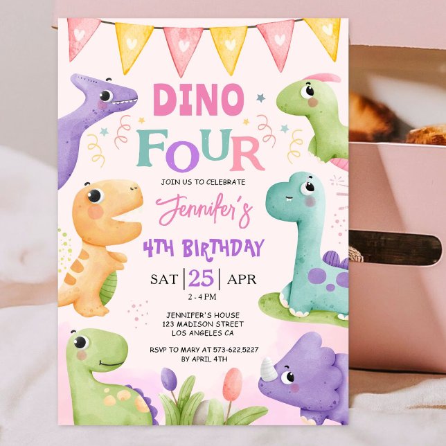 Invitación Dinosaurio 4.º Fiesta de la Cuta Rosa de Cumpleaño (Subido por el creador)