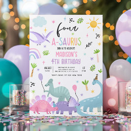 Invitación Dinosaurio 4-A-Saurs Fiesta rosa 4 de cumpleaños