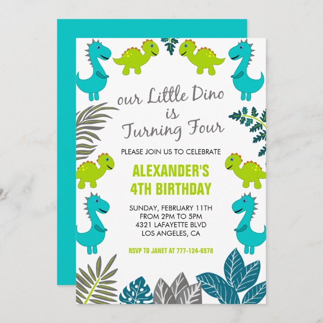 Invitación Dinosaurio 4 cumpleaños jungla dino verde t rex