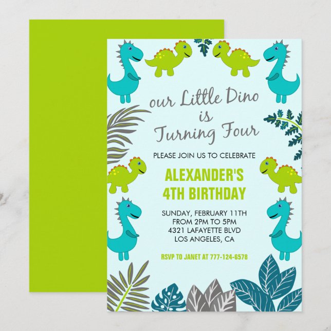 Invitación Dinosaurio 4 cumpleaños jungla niños verdes t rex (Anverso / Reverso)