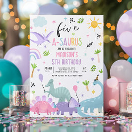 Invitación Dinosaurio 5-A-Saurs Fiesta de Cumpleaños Rosa 5