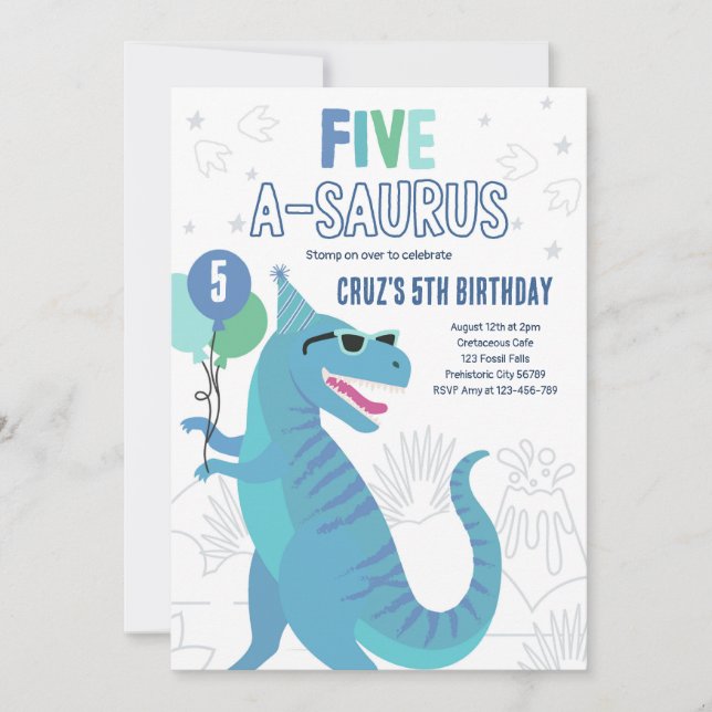 Invitación Dinosaurio 5 A-Saurus 5ª fiesta de cumpleaños T-Re (Anverso)
