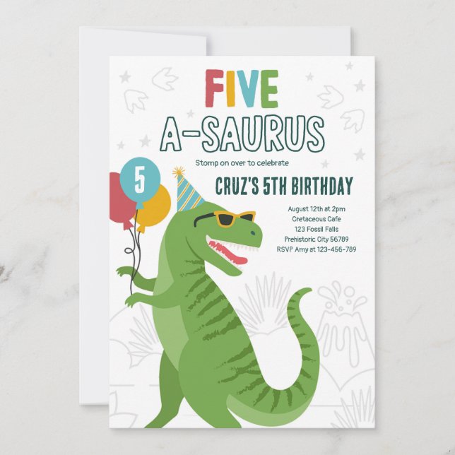 Invitación Dinosaurio 5 A-Saurus 5ª fiesta de cumpleaños T-Re (Anverso)
