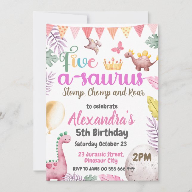 Invitación Dinosaurio 5 Chica de cumpleaños 5 Fiesta A-Saurus (Anverso)