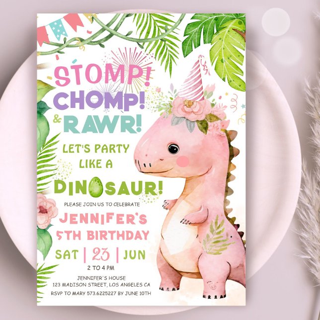 Invitación Dinosaurio 5 Chicas de dinosaurios rosados del par (#DinosaurBirthdayInvitation #DinosaurBirthdayInvite #GirlDinosaurBirthdayInvitation
)