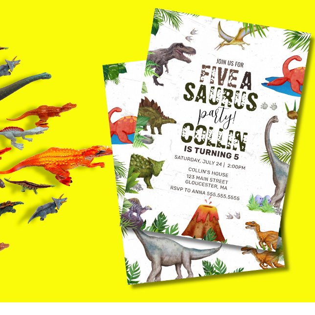 Invitación Dinosaurio 5 Fiesta de cumpleaños de Saurus 5 (Five-a-saurus birthday invite with cute dinosaurs and greenery – editable and fun!)