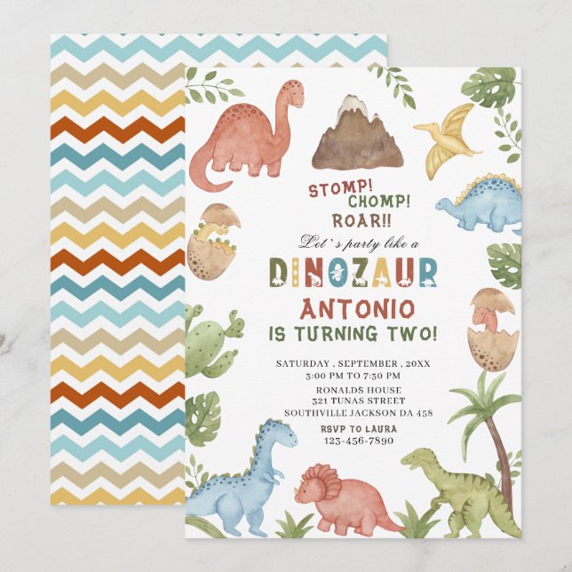Invitación Dinosaurio acuarela de estómago chomp parte de cum (Anverso / Reverso)