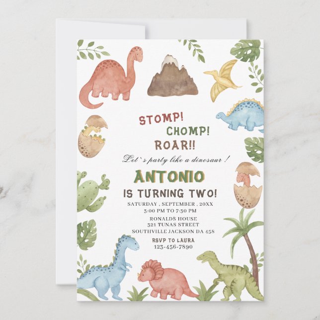 Invitación Dinosaurio acuarela de estómago chomp parte de cum (Anverso)