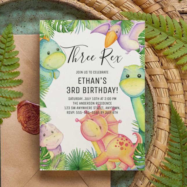 Invitación Dinosaurio acuarela tres Rex cumpleaños 3 (Subido por el creador)