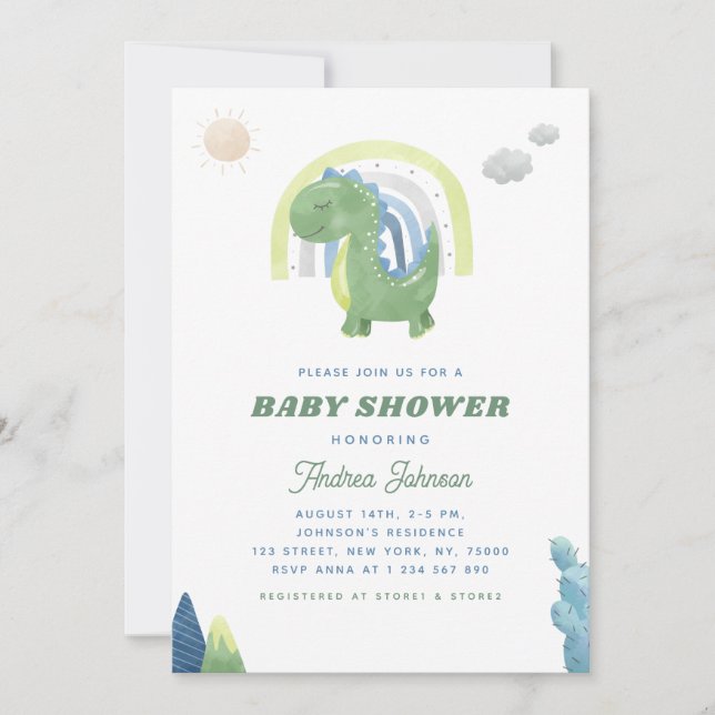 Invitación Dinosaurio acuático y Baby Shower verde arcoiris (Anverso)