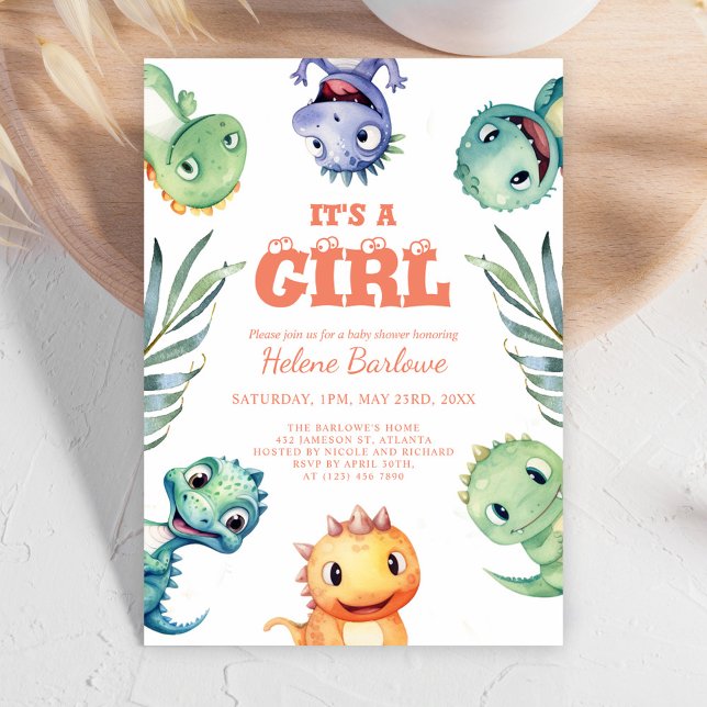 Invitación Dinosaurio Adorable Es Una Niña Baby Shower (Cute Dinosaur It's A Girl Baby Shower Invitation)