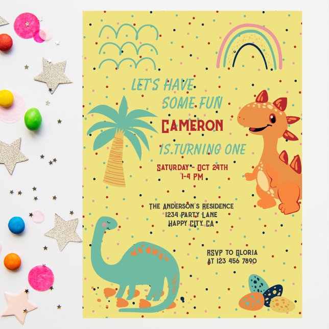 Invitación Dinosaurio arcoiris beige lindo primer Fiesta de c (Subido por el creador)