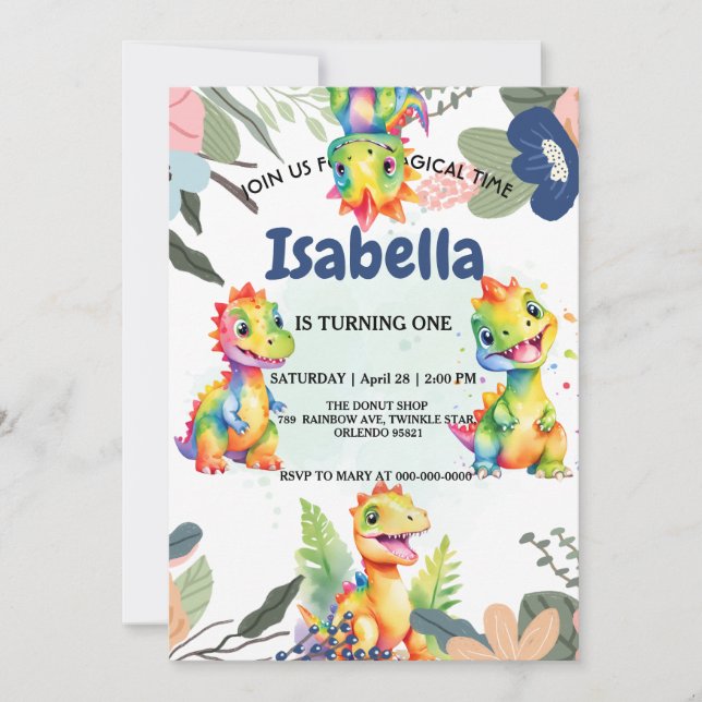 Invitación Dinosaurio arcoiris floral lindo Fiesta de cumplea (Anverso)
