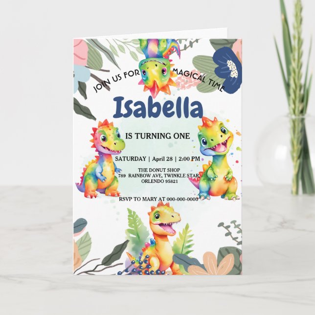 Invitación Dinosaurio arcoiris floral lindo Fiesta de cumplea (Anverso)