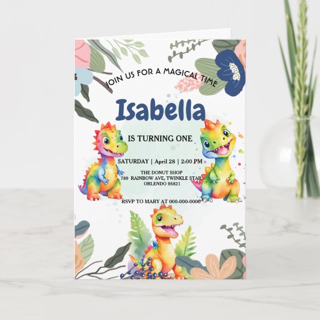 Invitación Dinosaurio arcoiris floral lindo Fiesta de cumplea (Anverso)