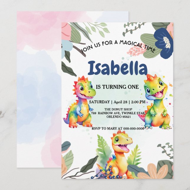 Invitación Dinosaurio arcoiris floral lindo Fiesta de cumplea (Anverso / Reverso)