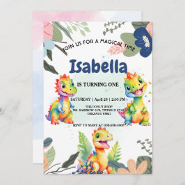 Invitación Dinosaurio arcoiris floral lindo Fiesta de cumplea
