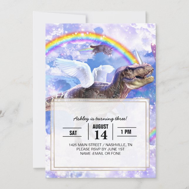 Invitación Dinosaurio arcoiris unicornio (Anverso)