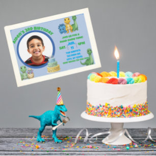Invitación Dinosaurio Azul Adorable con Cumpleaños con Imagen