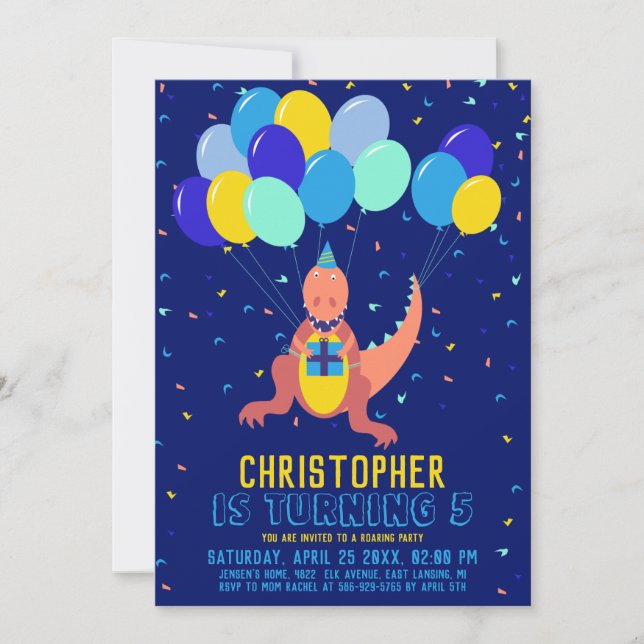 Invitación Dinosaurio Azul Amarillo Globo Confetti Boy Cumple (Anverso)