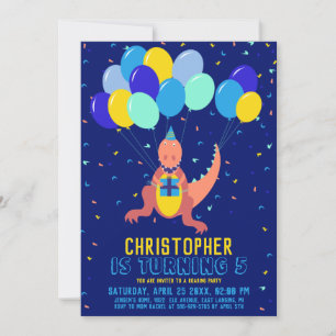 Invitación Dinosaurio Azul Amarillo Globo Confetti Boy Cumple