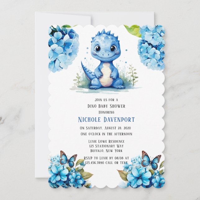 Invitación Dinosaurio azul lindo con Florals Boy Baby Shower (Anverso)