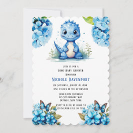 Invitación Dinosaurio azul lindo con Florals Boy Baby Shower