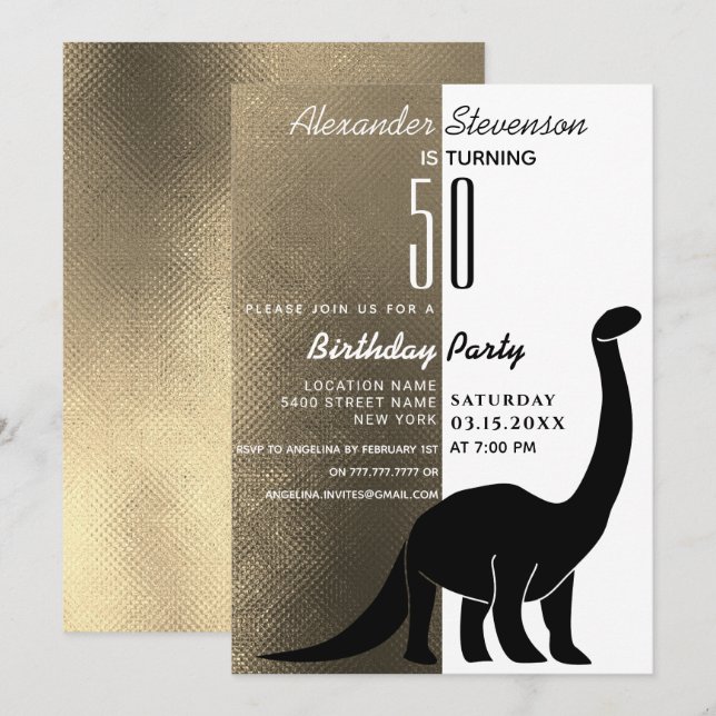 Invitación Dinosaurio blanco y negro de oro Fiesta de cumplea (Anverso / Reverso)