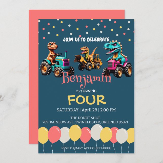 Invitación Dinosaurio camión globo de camión Escuela Cumpleañ (Anverso / Reverso)