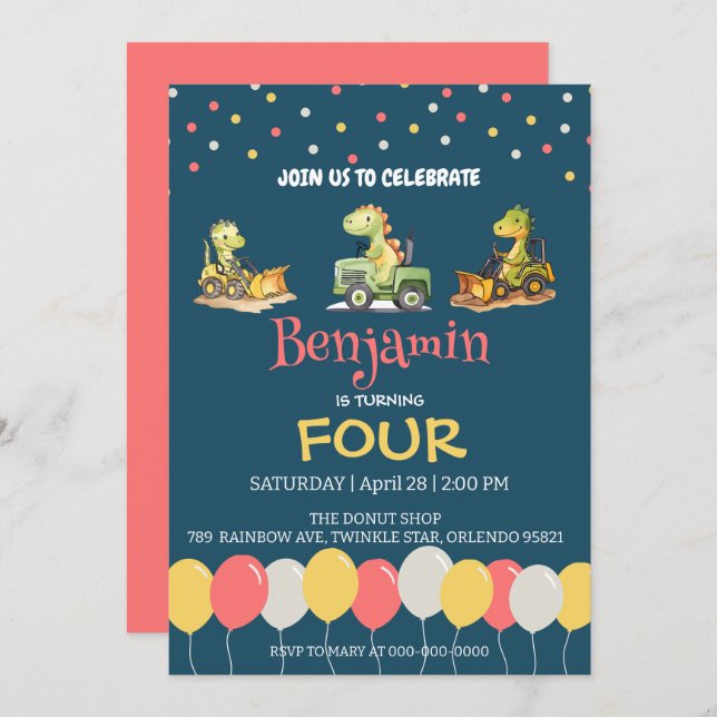 Invitación Dinosaurio camión globo de camión Escuela Cumpleañ (Anverso / Reverso)