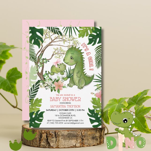 Invitación Dinosaurio Chica de Bow rosa caprichoso Baby Showe (Whimsical Pink Bow Girl Dinosaur Baby Shower Invitation)