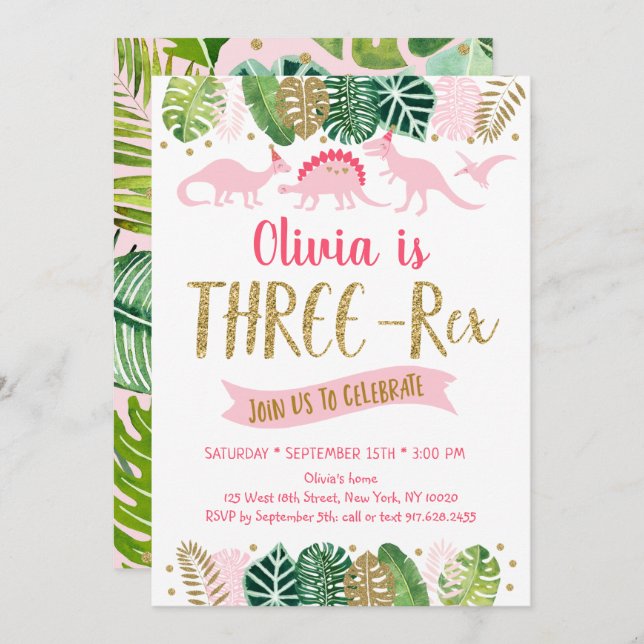 Invitación Dinosaurio Chica Oro Rosa TRES AÑOS REX (Anverso / Reverso)