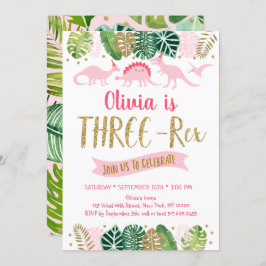 Invitación Dinosaurio Chica Oro Rosa TRES AÑOS REX