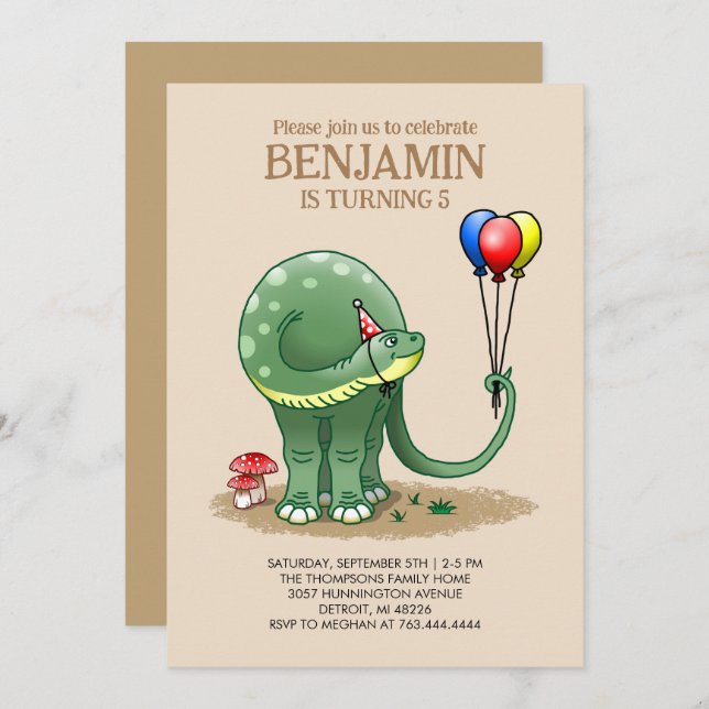 Invitación Dinosaurio con globos Cumpleaños (Anverso / Reverso)