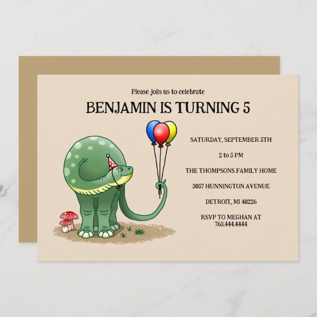 Invitación Dinosaurio con globos Cumpleaños (Anverso / Reverso)