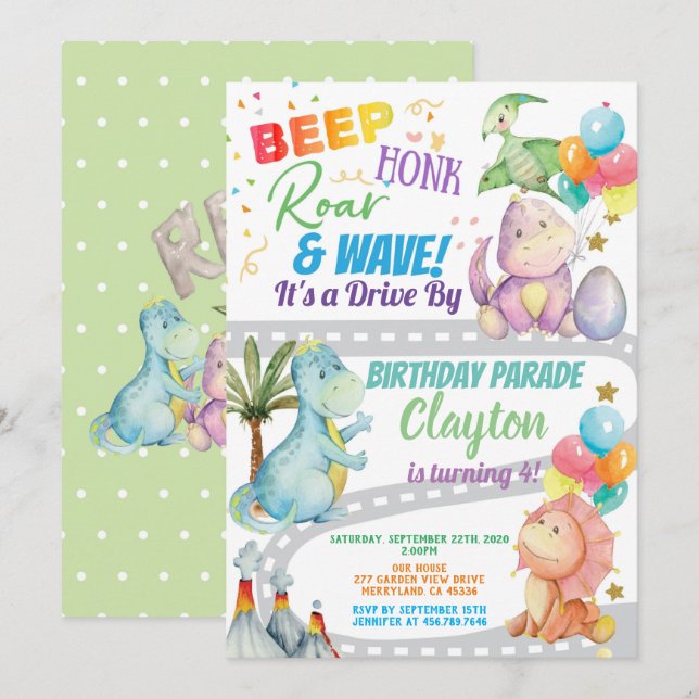 Invitación Dinosaurio conduce por el desfile de la fiesta de  (Anverso / Reverso)