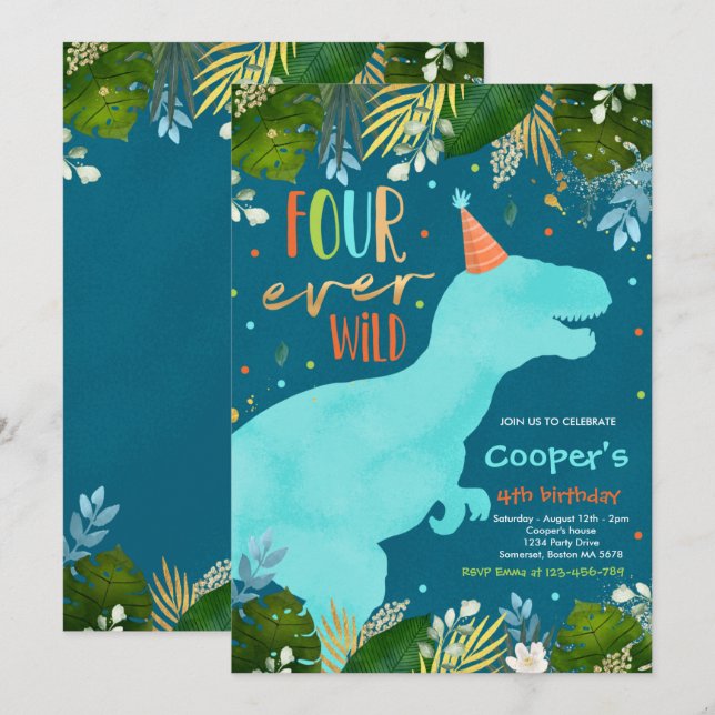 Invitación Dinosaurio cuatro años de dinosaurio de niños salv (Anverso / Reverso)