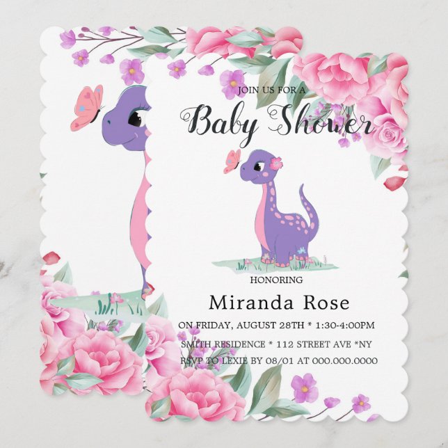 Invitación Dinosaurio Cuidadoso Con Bebé De Peón Rosa, Ducha  (Anverso / Reverso)