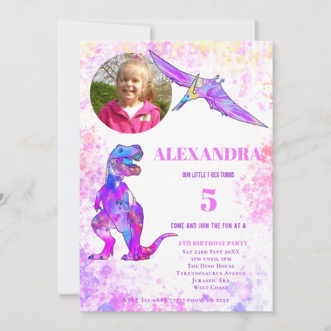 Invitación Dinosaurio Cumpleaños 5 T Rex Foto Rosa (Anverso)