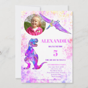 Invitación Dinosaurio Cumpleaños 5 T Rex Foto Rosa