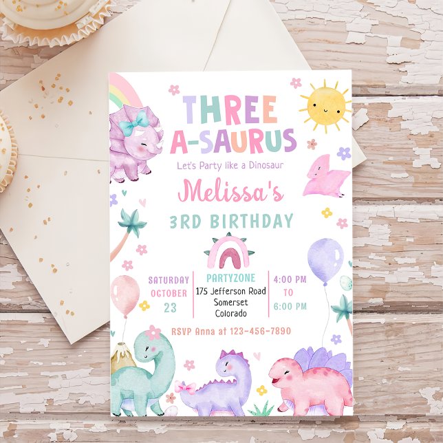 Invitación Dinosaurio Cute 3-A-Saurus 3 Fiesta de cumpleaños (Subido por el creador)