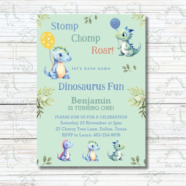 Invitación Dinosaurio Cute Green Boy Primer Fiesta de cumplea (Subido por el creador)