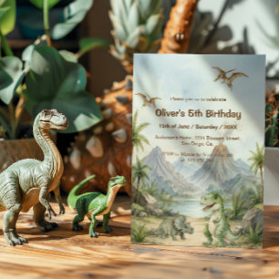 Invitación Dinosaurio de acuarela con paisaje prehistórico
