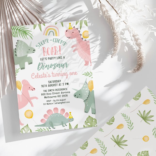 Invitación Dinosaurio de Chicas verdes rosados 1 cumpleaños (Pink Party Like Dinosaur 1st Birthday Invitation Girl, Stomp Chomp Roar Dino Birthday Invitation)