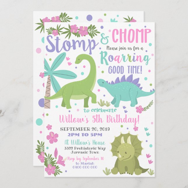 Invitación Dinosaurio de cumpleaños Chica Dinosaurio rosa (Anverso / Reverso)
