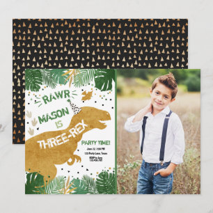Invitación Dinosaurio de tres rex T-Rex RAWR Gold Boy Cumplea