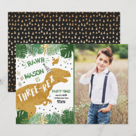 Invitación Dinosaurio de tres Rex T-Rex RAWR Gold Boy cumplea
