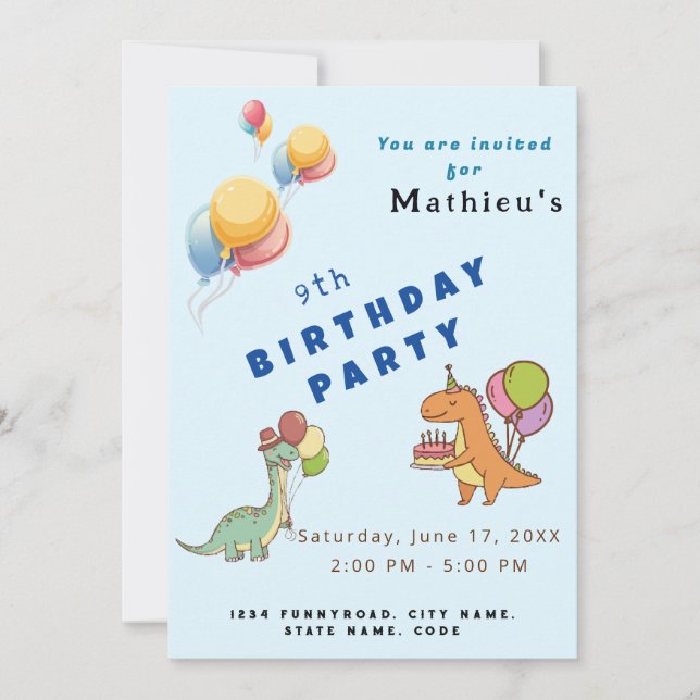 Invitación Dinosaurio dino fiesta niños cumpleaños azul diver (Anverso)