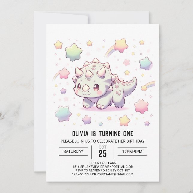 Invitación Dinosaurio divertido adorable primer cumpleaños (Anverso)